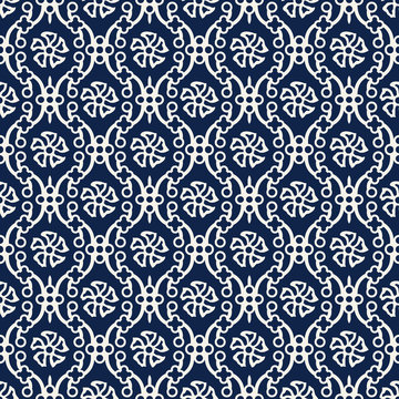 Indigo dye woodblock printed seamless ethnic floral damask pattern. Traditional oriental ornament of India Kashmir, flowers on ogee molding,  ecru on navy blue background. Textile design.