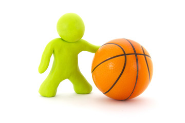 Fototapeta premium Lime green plasticine character and basketball ball. Orange basketball play symbol. Sport icon activity. Isolated on white background