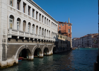 navigation in the bright canals of Venice between historic buildings. Italy