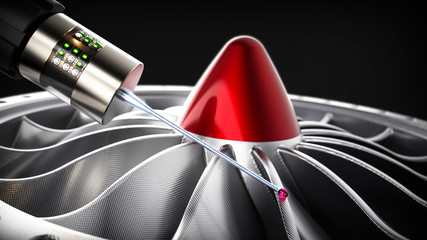 Cnc measuring probe for measuring a turbine part sample on a CMM machine.