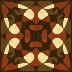 Wooden inlay, light and dark wood patterns. Wooden art decoration template. Veneer textured geometric elements,