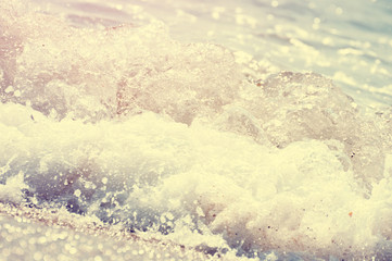 Big wave on the sea  with a lot of foam. fake color. Copy space. Concept of travel. Instagram warm filter.