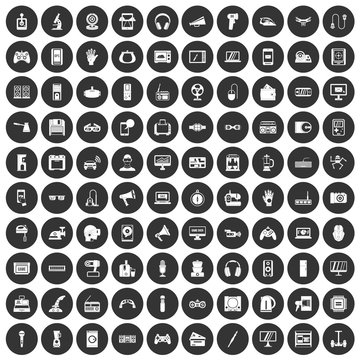 100 device app icons set black circle