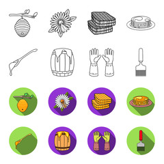 A spoon of honey, protective gloves, a barrel of honey, a fork.Apiary set collection icons in outline,flet style vector symbol stock illustration web. © pandavector