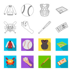Club emblem, bat, ball in hand, ticket to match. Baseball set collection icons in outline,flet style vector symbol stock illustration web. © pandavector