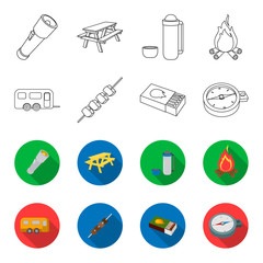 Trailer, shish kebab, matches, compass. Camping set collection icons in outline,flet style vector symbol stock illustration web. © pandavector