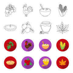 Cranberry, pumpkin pie, honey pot, maple leaf.Canada thanksgiving day set collection icons in outline,flet style vector symbol stock illustration web. © pandavector