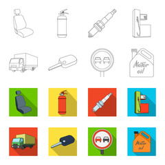 Truck with awning, ignition key, prohibitory sign, engine oil in canister, Vehicle set collection icons in outline,flet style vector symbol stock illustration web. © pandavector