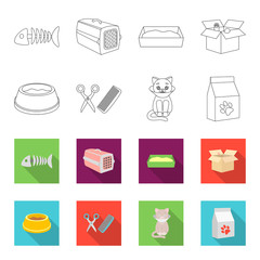 A bowl with food, a haircut for a cat, a sick cat, a package of feeds. at set collection icons in outline,flet style vector symbol stock illustration web. © pandavector