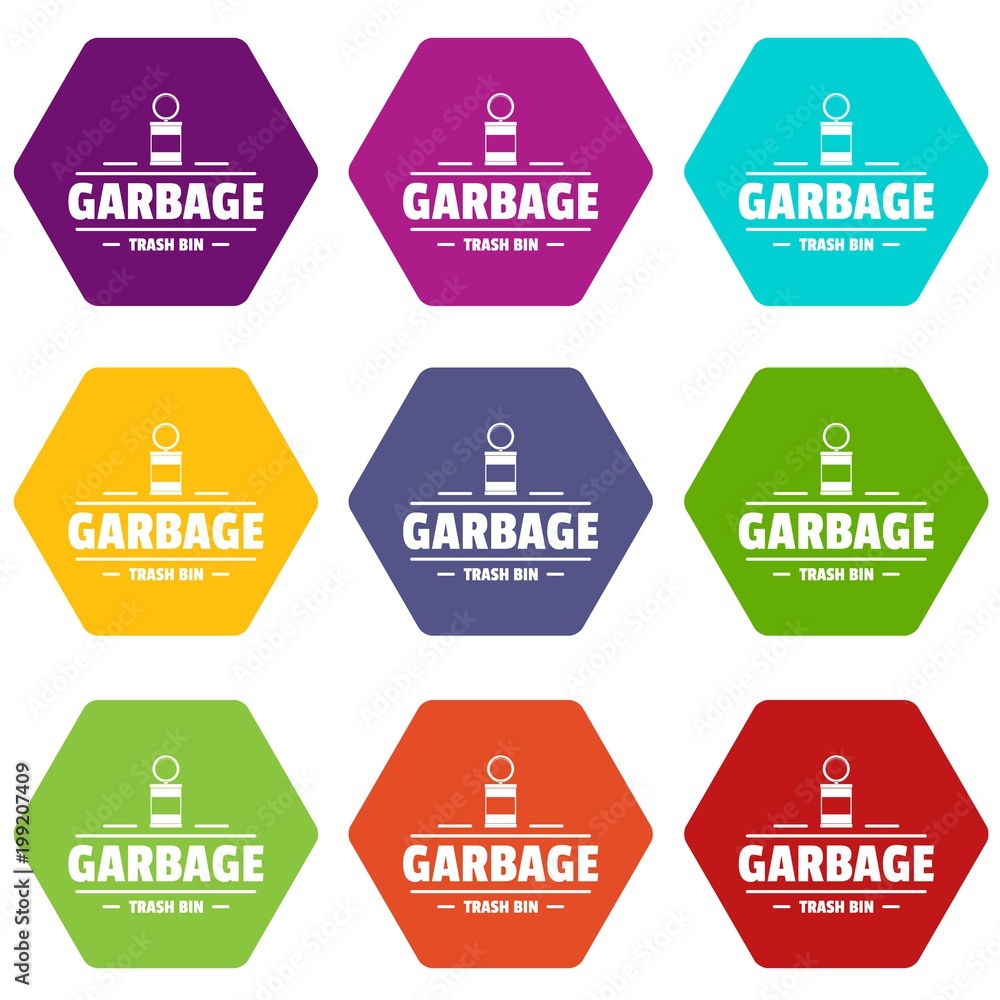 Poster bin trash garbage icons set 9 vector