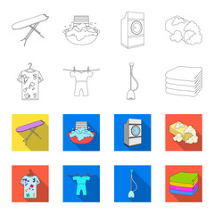Vacuum cleaner, a stack of cloth, dirty and clean things. Dry cleaning set collection icons in outline,flet style vector symbol stock illustration web. © pandavector