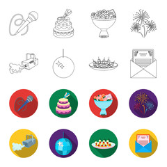 A video camera with smoke, a twirling holiday ball, a plate of sandwiches, an envelope with a greeting card. Event services set collection icons in outline,flet style vector symbol stock illustration © pandavector