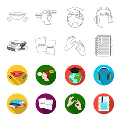 A pile of books in different languages, sheets of paper with translation, a gesture of deaf mutes, a notebook with text. Interpreter and translator set collection icons in outline,flet style vector © pandavector
