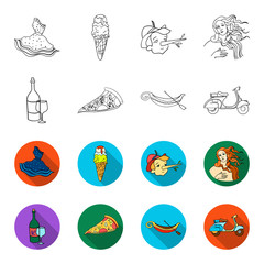 A bottle of wine, a piece of pizza, a gundola, a scooter. Italy set collection icons in outline,flet style vector symbol stock illustration web. © pandavector