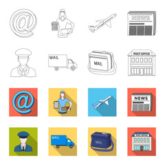 The postman in uniform, mail machine, bag for correspondence, postal office.Mail and postman set collection icons in outline,flet style vector symbol stock illustration web. © pandavector