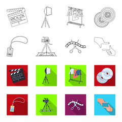 Badge, operator gesture and other accessories for the movie. Making movie set collection icons in outline,flet style vector symbol stock illustration web. © pandavector