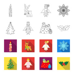 Christmas tree, angel, gifts and holly outline,flet icons in set collection for design. Christmas vector symbol stock web illustration. © pandavector