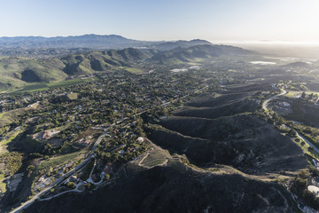 Afternoon aerial view of Santa Rosa Valley homes and hillsides in the Camarillo neighborhood of...