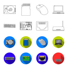 Keyboard, router, motherboard and connector. Personal computer set collection icons in outline,flet style vector symbol stock illustration web. © pandavector