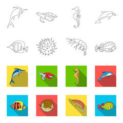 Shrimp, fish, hedgehog and other species.Sea animals set collection icons in outline,flet style vector symbol stock illustration web. © pandavector