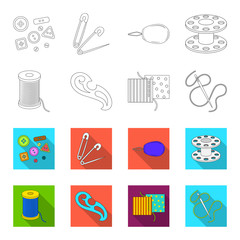 A spool with threads, a needle, a curl, a seam on the fabric.Sewing or tailoring tools set collection icons in outline,flet style vector symbol stock illustration web. © pandavector