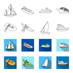 A rubber fishing boat, a kayak with oars, a fishing schooner, a motor yacht.Ships and water transport set collection icons in outline,flet style vector symbol stock illustration web. © pandavector