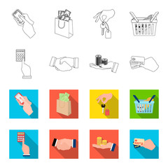 Calculator, handshake and other web icon in outline,flet style.a stack of coins on the palm, credit cards icons in set collection. © pandavector