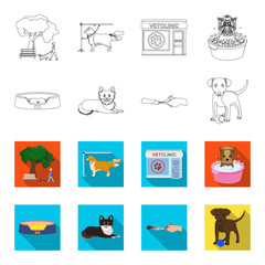 Lounger for a pet, clipping of claws in a vet clinic, lying dog, puppy with a ball. Vet clinic and pet,dog care set collection icons in outline,flet style vector symbol stock illustration web. © pandavector