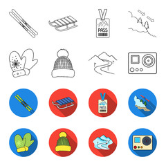 Mittens, warm hat, ski piste, motion camera. Ski resort set collection icons in outline,flet style vector symbol stock illustration web. © pandavector