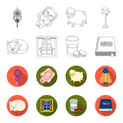 Sleeping cat, night outside the window, milk and biscuits, fairy tales. Rest and sleep set collection icons in outline,flet style vector symbol stock illustration web. © pandavector