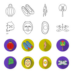 A map of the state with a flag, a Korean mask, a national egg meal, a crossroads with traffic lights. South Korea set collection icons in outline,flet style vector symbol stock illustration web. © pandavector