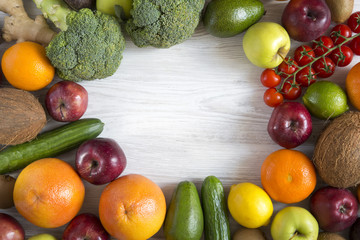 Composition with different fresh organic fruits and vegetables. Copy space. Top view. Flat lay.