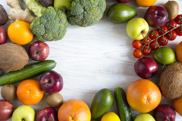 Composition with different fresh organic fruits and vegetables. Copy space. Top view. Flat lay.