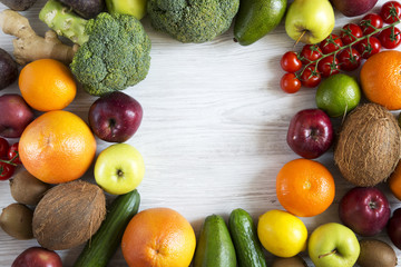 Composition with different fresh organic fruits and vegetables. Copy space. Top view. Flat lay.