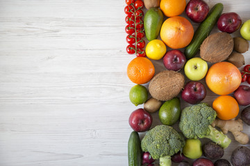 Composition with different fresh organic fruits and vegetables. Copy space. Top view. Flat lay.