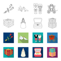Wedding and Attributes outline,flet icons in set collection for design.Newlyweds and Accessories vector symbol stock web illustration. © pandavector