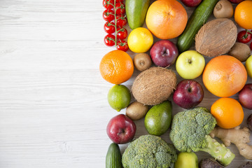 Composition with different fresh organic fruits and vegetables. Copy space. Top view. Flat lay.