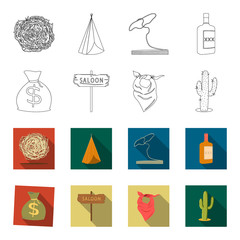 Bag of money, saloon, cowboy kerchief, cactus. Wild west set collection icons in outline,flet style vector symbol stock illustration web. © pandavector