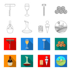 A bottle of wine in a basket, a gafine, a corkscrew with a cork, a grape valley. Wine production set collection icons in outline,flet style vector symbol stock illustration web. © pandavector