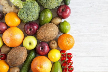 Composition with different fresh organic fruits and vegetables. Copy space. Top view. Flat lay.