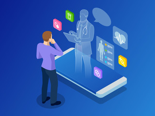 Isometric healthcare, diagnostics and online medical consultation app on smartphone. Digital health concept with a doctor standing on phone surrounded by assorted medical icons. Innovative technology