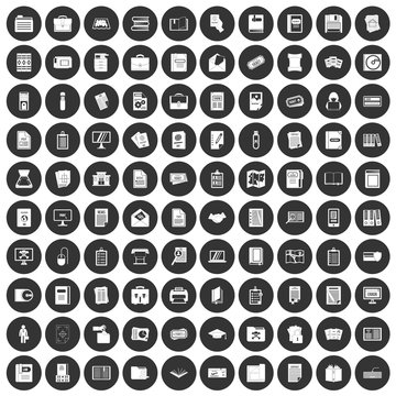 100 document icons set black circle