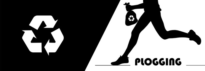 Plogging concept. A human silhouette running and holding a litter trash bag with recycle symbol. Plocka up design