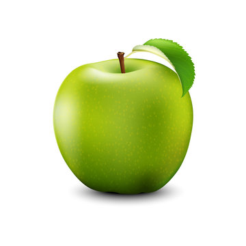 Green Apple Realistic With Leaf. Detailed 3d Illustration Isolated On White.  Vector Illustration.