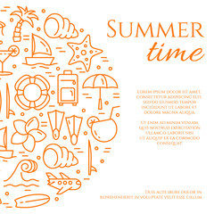 Summer vacation banner with orange thin line elements and space for text isolated on white background.