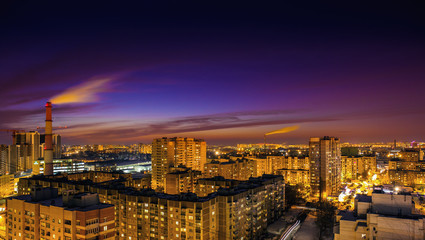 Fototapeta premium Aerial view at evening cityscape, Voronezh city downtown panorama, high-rise residential houses, business buildings, urban after dawn