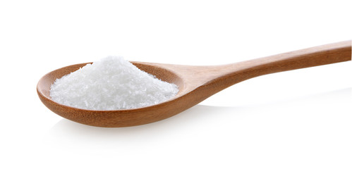 Fototapeta na wymiar monosodium glutamate in wood spoon on white background