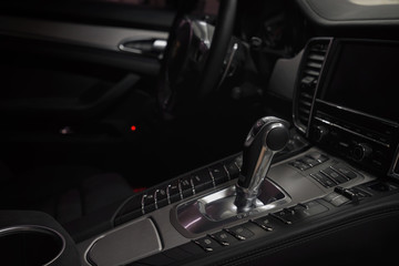 Automatic transmission in modern car. Interior detail.