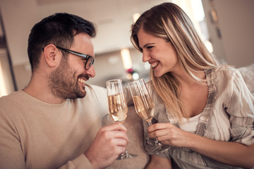Young couple toasting wine glasses