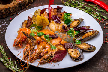 Seafood grilled on plate